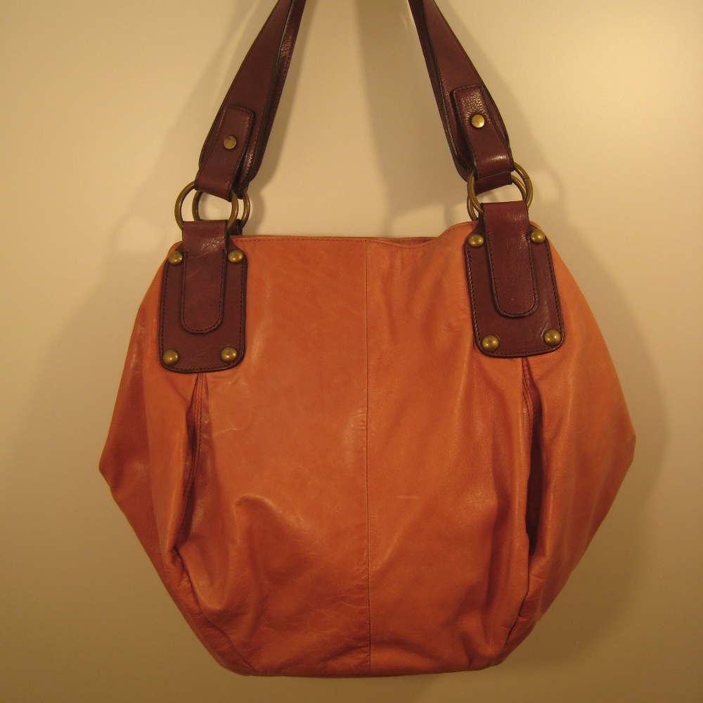 Pink Coral and Brown Leather Hobo